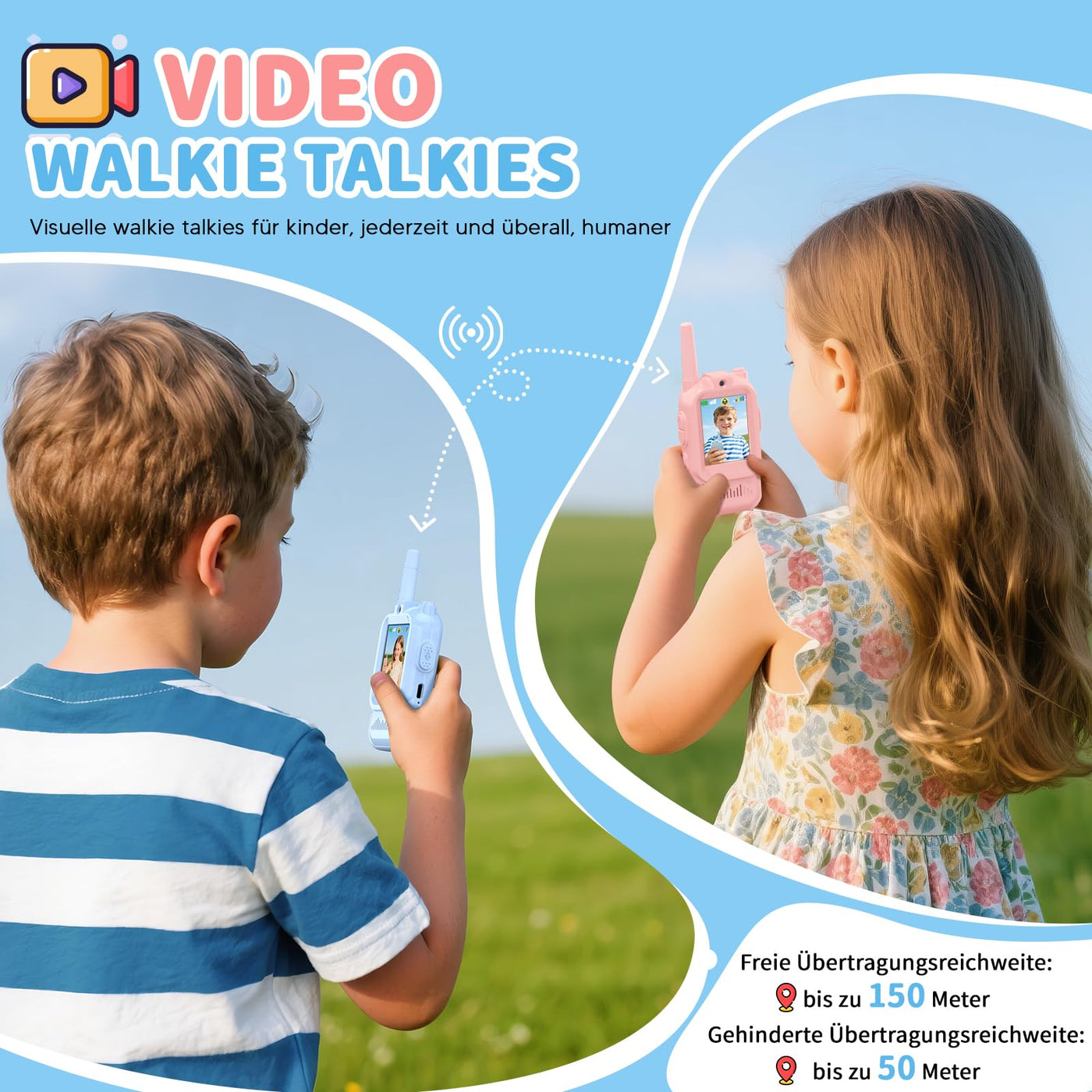 Video Walkie Talkie Kinder,2er Set Walky Talky Aufladbar,Spielzeug 3-12 Jahren Junge,5km Walki Talki für Abenteuer im Freien,Camping Wandern
