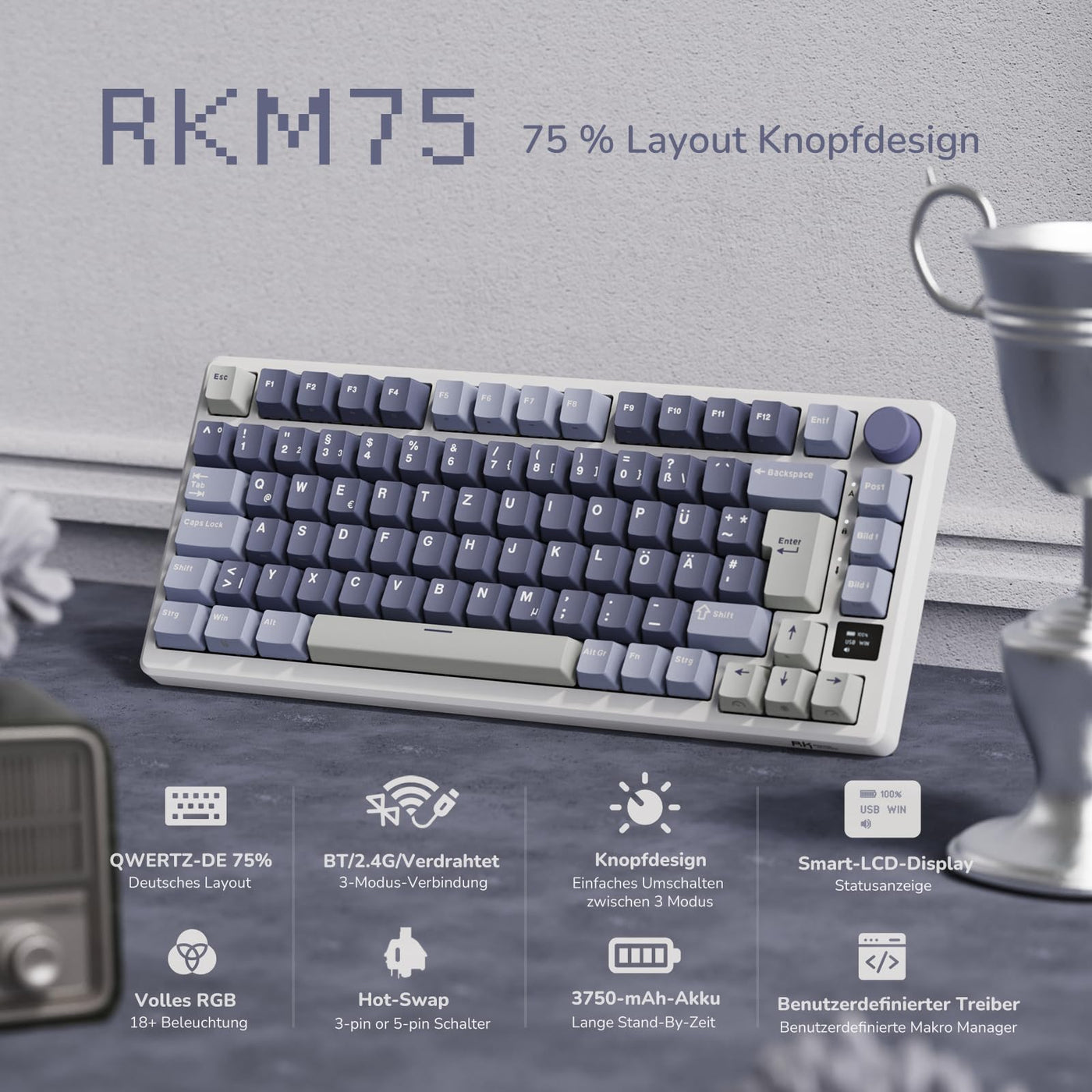 RK ROYAL KLUDGE M75 Gaming Tastatur kabellos 75% TKL Mechanische Tastatur RGB 2,4 GHz Wireless/Bluetooth/USB-C QWERTZ mit OLED-Smart-Display und Knopf Hot Swappable Braune Schalter, Lavendelviolett