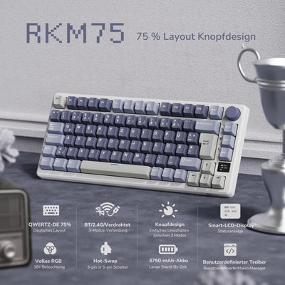 RK ROYAL KLUDGE M75 Gaming Tastatur kabellos 75% TKL Mechanische Tastatur RGB 2,4 GHz Wireless/Bluetooth/USB-C QWERTZ mit OLED-Smart-Display und Knopf Hot Swappable Braune Schalter, Lavendelviolett