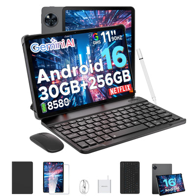 DOOGEE U11 Pro Android 16 Tablet 11 Zoll Gemini AI, 30GB+256GB (2TB TF) Gaming Tablets, 8580mAh, 90Hz Display, WiFi 5, T7200 Octa Core, 13MP+5MP, Tablet mit Tastatur, Stift, Maus, Hülle,Schwarz