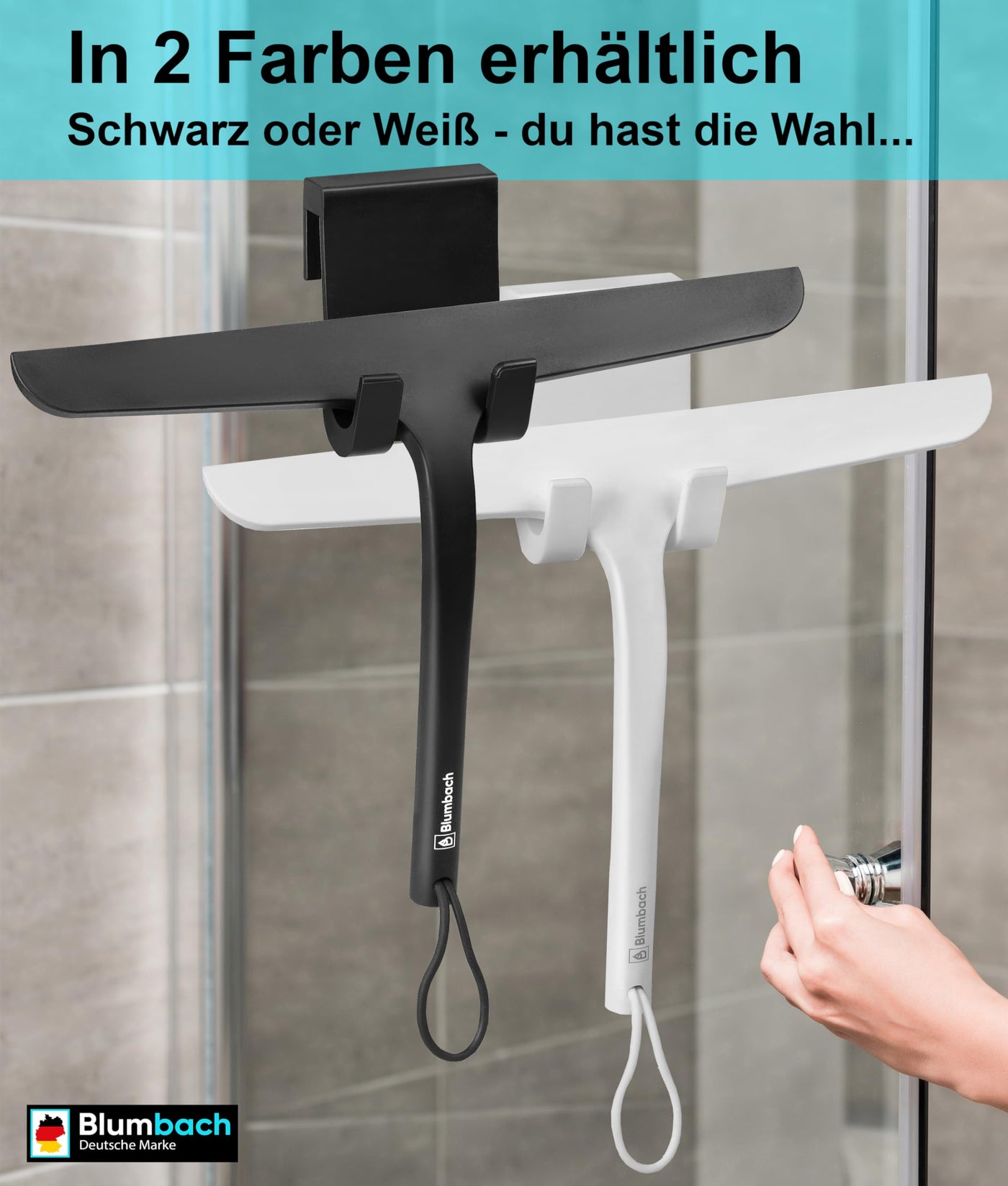 BLUMBACH® Duschabzieher schwarz, Abzieher Dusche mit Halterung 28 cm breit, Fensterabzieher Silikon mit Edelstahl Kern, Dusch Abzieher Wischer, Duschwand Abzieher, Flitsche Dusche, Glasabzieher,