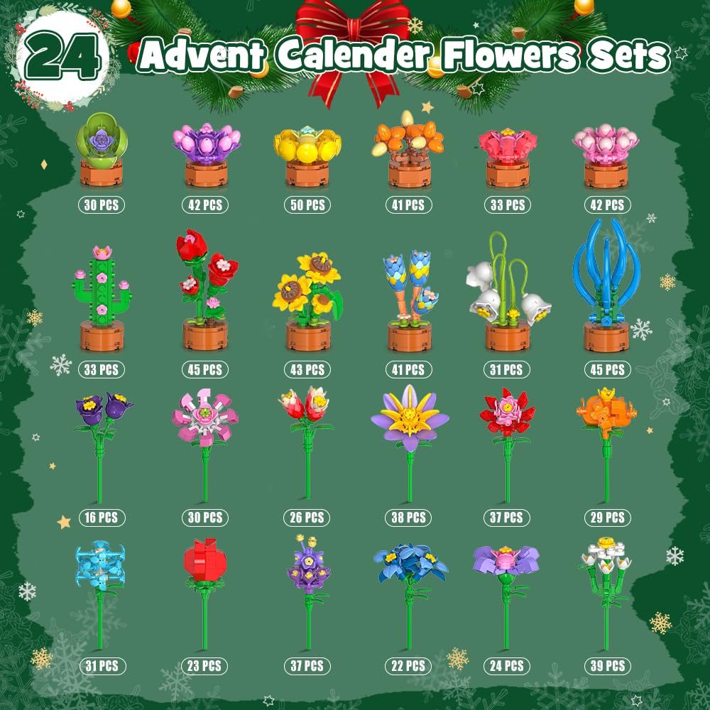 HOGOKIDS Adventskalender 2025 Blumen 3.6 Mini Bausatz - 24 Tage Weihnachten Countdown Sukkulenten Botanische Bauspielzeug, Adventskalender Bausteine Geschenk für Erwachsene Kinder Jungen Mädchen 6+