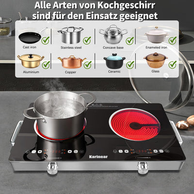 Karinear Keramikkochfeld 2 Platten Tragbar mit Griff, 650 °C Max, Glaskeramik Kochplatte 2er Freistehend, Herdplatte 2 Kochfelder mit Stecker, Timer, Kindersicherung, Restwärmeanzeige, 220-240V, 3200W