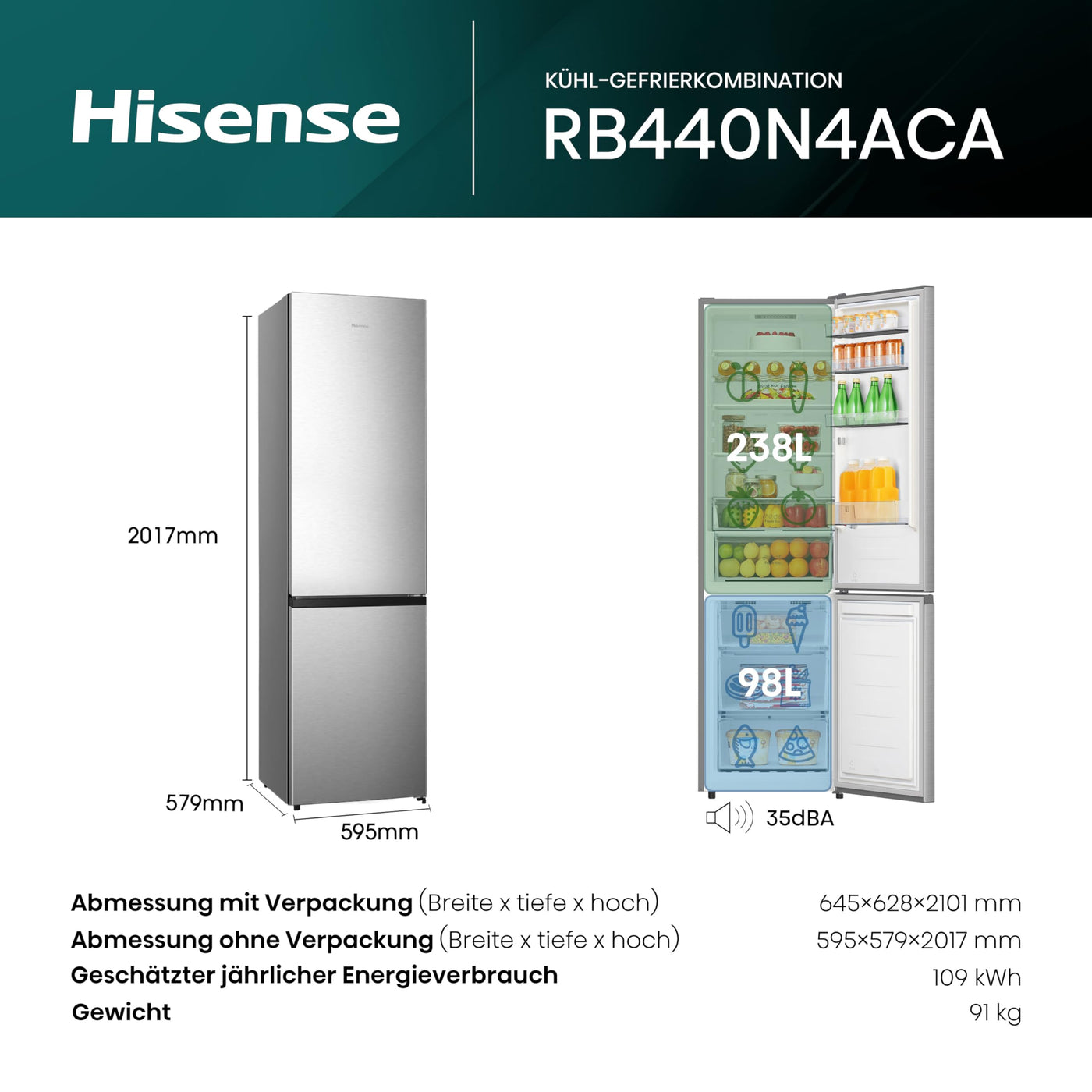 Hisense RB440N4ACA Kühl-Gefrier-Kombination/Höhe 201 cm/Kühlen 178 L/Gefrieren 98 L/LED Beleuchtung, Edelstahl