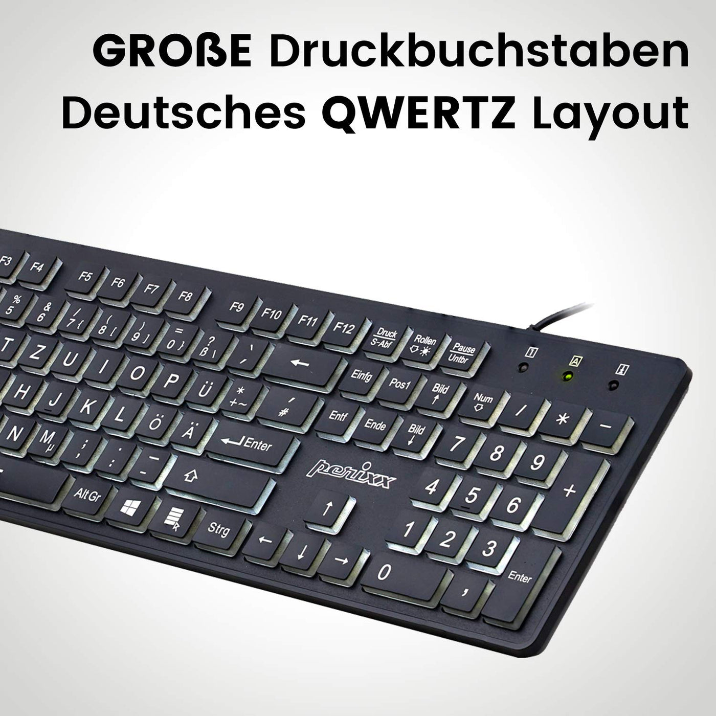 Perixx Periboard-317, Kabelgebundene Tastatur mit weißer LED Hintergrundbeleuchtung, Große Druckbuchstaben, Vollformat, Deutsches QWERTZ Layout