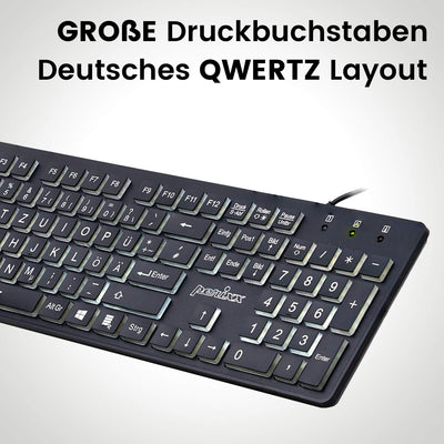 Perixx Periboard-317, Kabelgebundene Tastatur mit weißer LED Hintergrundbeleuchtung, Große Druckbuchstaben, Vollformat, Deutsches QWERTZ Layout