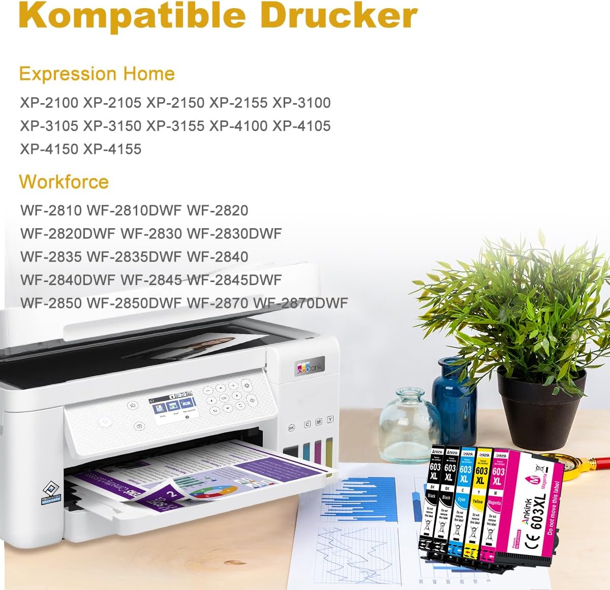 ANKINK Kompatibel Tintenpatrone Druckerpatronen als Ersatz für Epson 603XL für Patrone 603 XL für WF-2820DWF WF-2830DWF WF-2840DWF XP-2100 XP-2150 XP-3100 XP-3150 XP-4100 XP-4150, Schwarz Farbe 5 Pack