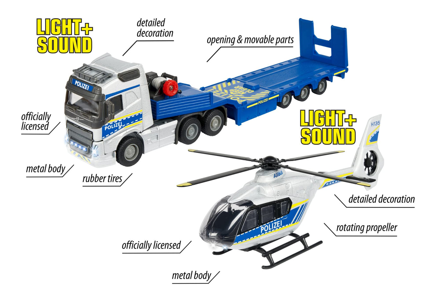 Majorette - Volvo Polizei-Transporter FH-16 (35 cm) – LKW mit Auflieger und Airbus Hubschrauber (25,5 Licht & Sound vielen Funktionen - Spielzeug-Set für Kinder ab 3 Jahren, 213716000, Einheitsgröße