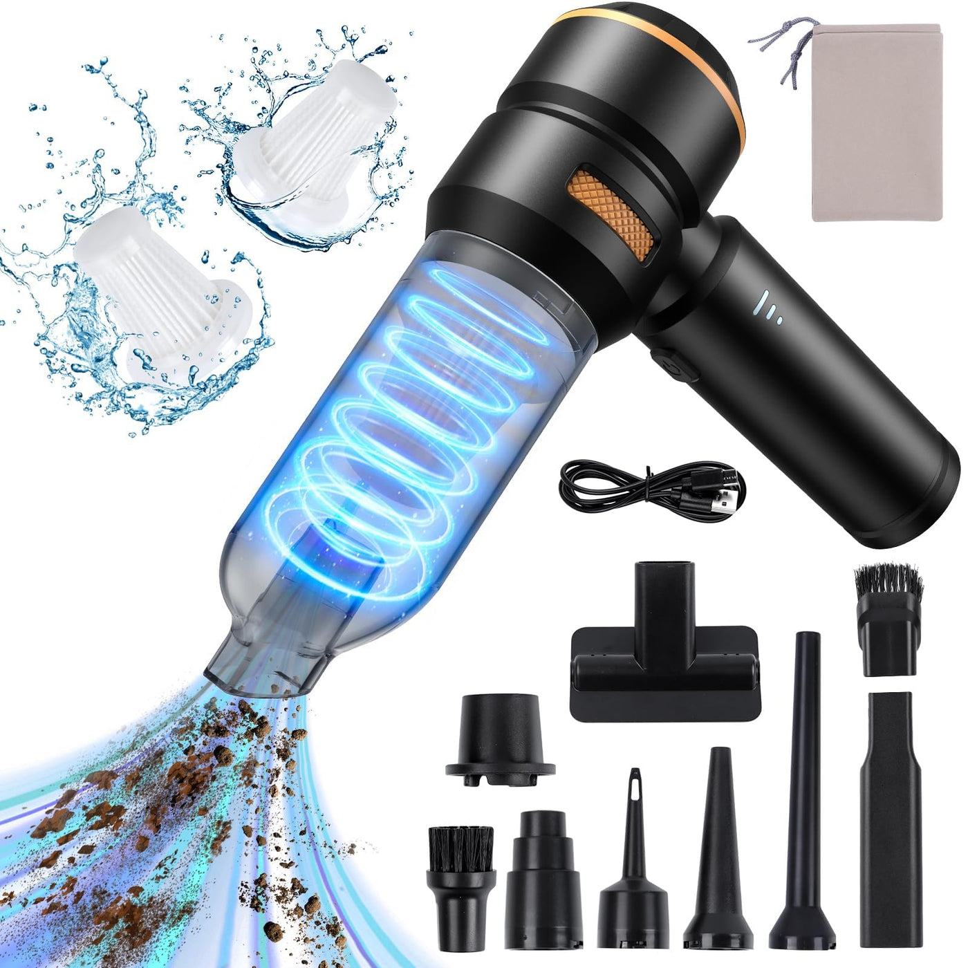 Handstaubsauger Akku Kabellos - 20000Pa Leistungsstarker, Portabler Mini Auto Staubsauger für Auto, Haus,Pc,Küche,Ritzen und Ecken,Kann Als Aufblasbare Pumpe Verwendet Werden,6000mAh (Silbergoldfarbe)