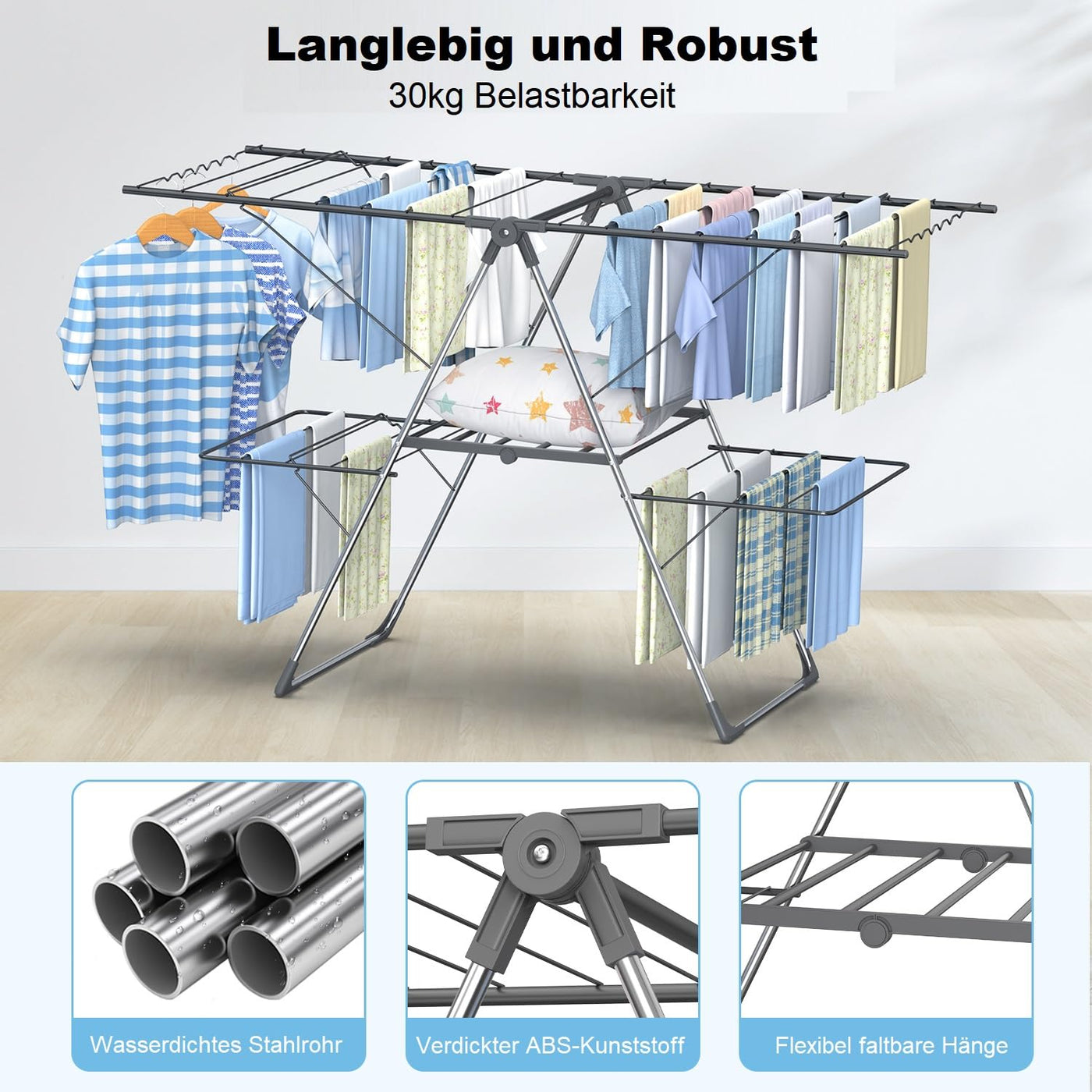 Innotic Wäscheständer Turm Klappbarer Platzsparend Tragbares Flügel-Wäschetrockner, Höhenverstellbar Vertikales Wäscheturm fur Balcon Draußen, Grau