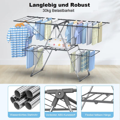 Innotic Wäscheständer Turm Klappbarer Platzsparend Tragbares Flügel-Wäschetrockner, Höhenverstellbar Vertikales Wäscheturm fur Balcon Draußen, Grau