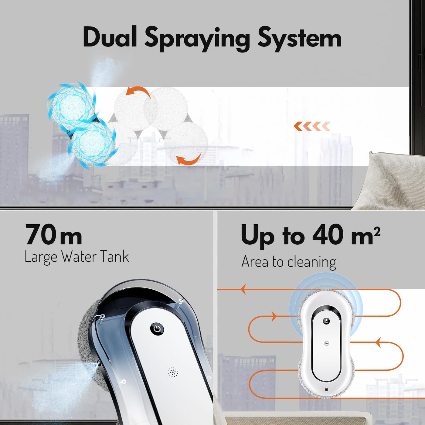 jnerkert Fensterputzroboter mit doppeltem Wasserspray, Dual Side Spray Fensterreinigungsroboter mit 70ml ml Dual Tank, Intelligenter Fenstersauger für Innen/Außen Hochhausfenster