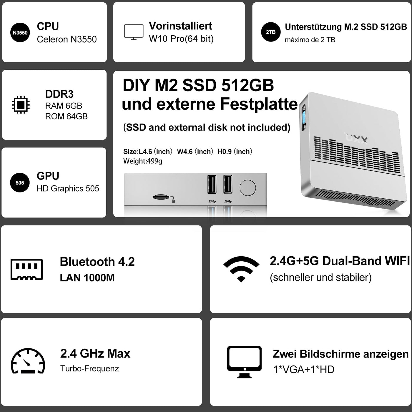 UXX Mini PC Unterstützung 512GB M.2 SSD Erweiterung, N3350 Micro Desktop Computer 64GB eMMC, Gaming PC 4K UHD Dual Display, BT, 2.4/5G WiFi, USB 3.0, HD für Büro/Home (silbrig)