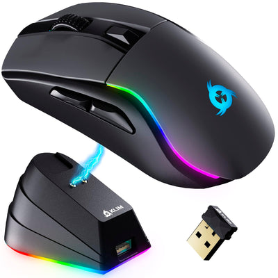 KLIM Blaze Y Wiederaufladbare kabellose Maus - NEU - Gaming Maus mit RGB und Ladestation - Hochpräziser Sensor und langlebiger Akku - Bis zu 6000 DPI - Kabel- und Wireless Mouse für PC - Schwarz