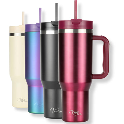 Milu Thermobecher 1200ml mit Strohhalm und Henkel 48h Eis/24h kalt/12h heiß Edelstahl Tumbler 40oz mit Griff Isolierbecher to go Isolierflasche Trinkflasche doppelwandig isoliert (Berry, 1,2L)