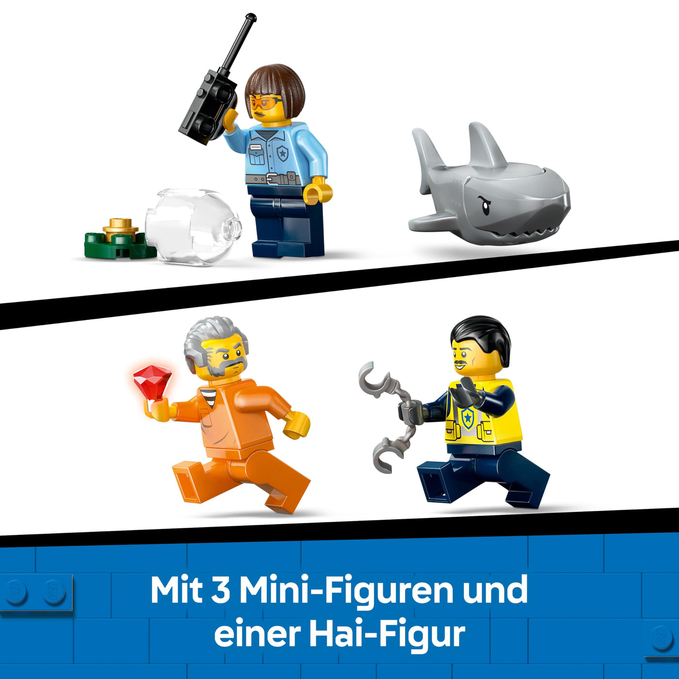LEGO City Verfolgungsjagd im Polizeiboot – Spielset mit schwimmfähigem Schnellboot, Schlauchboot des Ganoven, 3 Mini-Figuren und Einer Haifigur – Geschenk für Jungen und Mädchen ab 6 Jahren – 60456