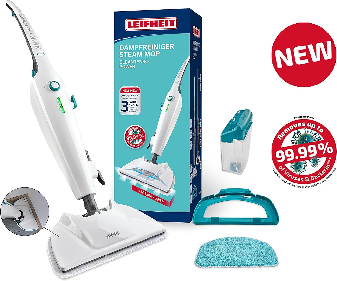 Leifheit Dampfreiniger CleanTenso Power 2.0 mit heißem Wasserdampf gegen Bakterien, Dampfmop mit kurzer Aufheizzeit und 50min Wischdauer, Dampfbesen für Eckenreinigung, Dampfwischer in modernem Design