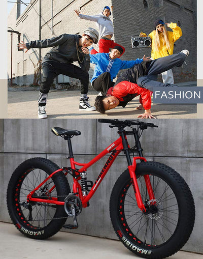 JXYQ 26 Zoll Mountainbikes, 24 Gang Fahrrad, Fat Tire Mountain Trail Bike für Erwachsene, Rahmen aus Kohlenstoffstahl mit doppelter Vollfederung und Doppelscheibenbremse