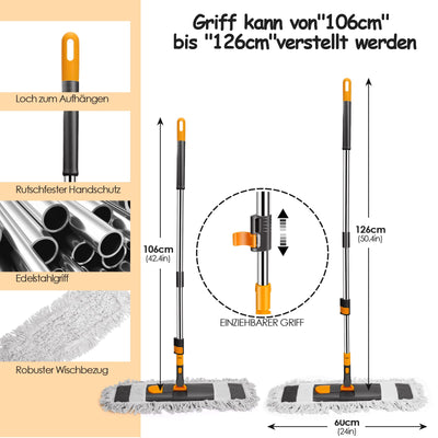 Myiosus Bodenwischer, Wischmopp groß, 60cm Breit wischer Boden, Industrieller Mop mit 126cm Edelstahl Teleskopstiel, 360° drehbarer Flachmopp für Hartholz Fliesen Marmor Laminat (2 Mikrofaser Pads)