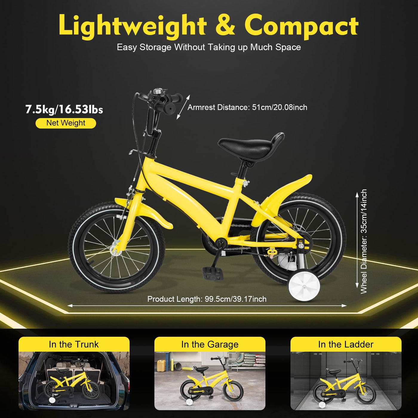 WAPHOERTE 14-Zoll-Kinderfahrrad Anfängerfahrrad mit Stützrädern, Trainingsfahrzeug für 2-4-Jährige Jungen und Mädchen, Höhenverstellbar, Maximal zulässiges Gewicht 50 kg, Gelb + Schwarz