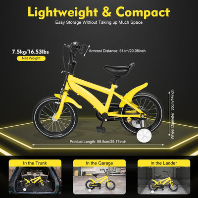 WAPHOERTE 14-Zoll-Kinderfahrrad Anfängerfahrrad mit Stützrädern, Trainingsfahrzeug für 2-4-Jährige Jungen und Mädchen, Höhenverstellbar, Maximal zulässiges Gewicht 50 kg, Gelb + Schwarz