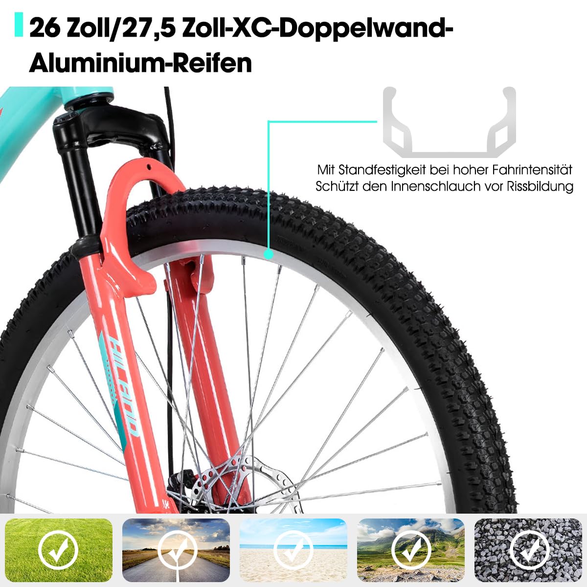 Hiland Damen Mountainbike 26 Zoll, Aluminium Rahmen 18 Gang MTB für Frauen, Damen und Mädchen Mountainbike mit Doppelscheibenbremse Federgabel, Mintgrün