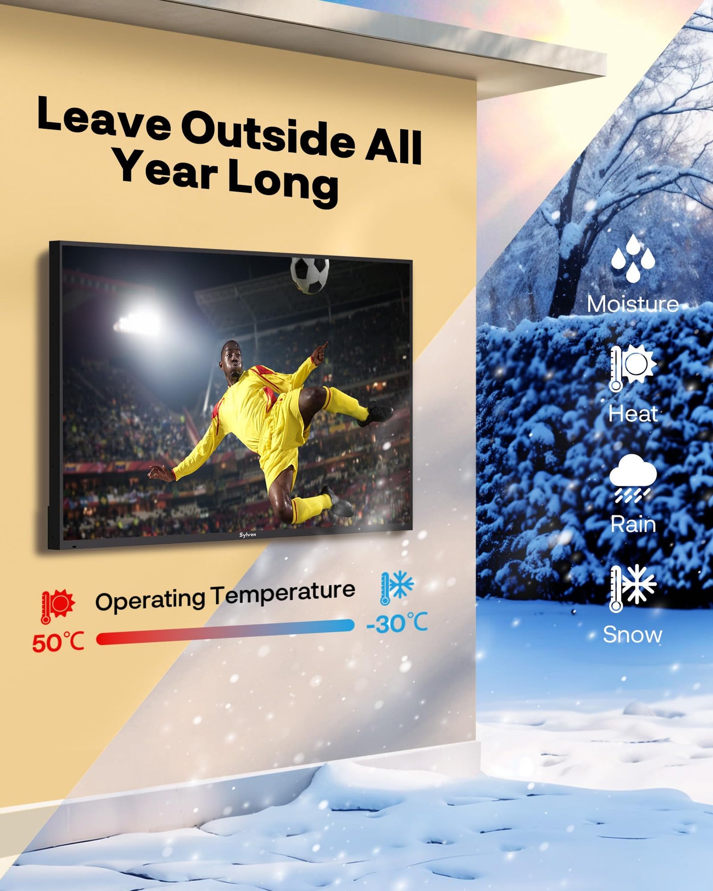 SYLVOX 65" Outdoor Fernseher, 120Hz| 4K Ultra HD | HDR 10 | Dolby Atmos | Google Outdoor TV, WiFi 5G & HDMI 2.1 Wetterfest und IP55 Wasserdicht TV, 1000 Nits Smart Fernseher für Gaming (Modell 2025)