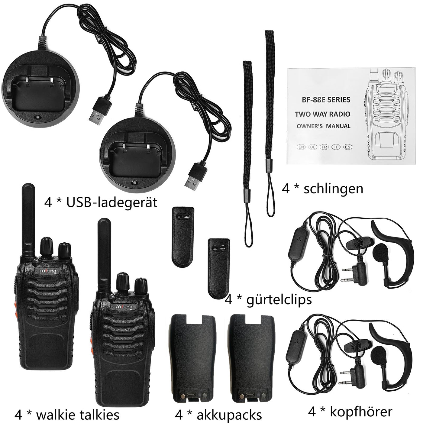 Walkie Talkie PMR446 lizenzfreies Zwei-Wege-Funkgerät, pofung PT88E 16 Kanäle Professionelle wiederaufladbare mit großer Reichweite USB-Ladestation und Hörmuscheln Schwarz 4 Stück