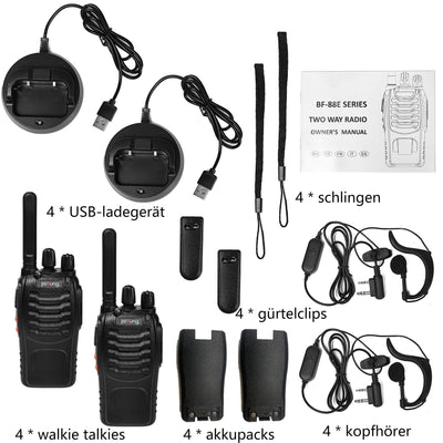 Walkie Talkie PMR446 lizenzfreies Zwei-Wege-Funkgerät, pofung PT88E 16 Kanäle Professionelle wiederaufladbare mit großer Reichweite USB-Ladestation und Hörmuscheln Schwarz 4 Stück