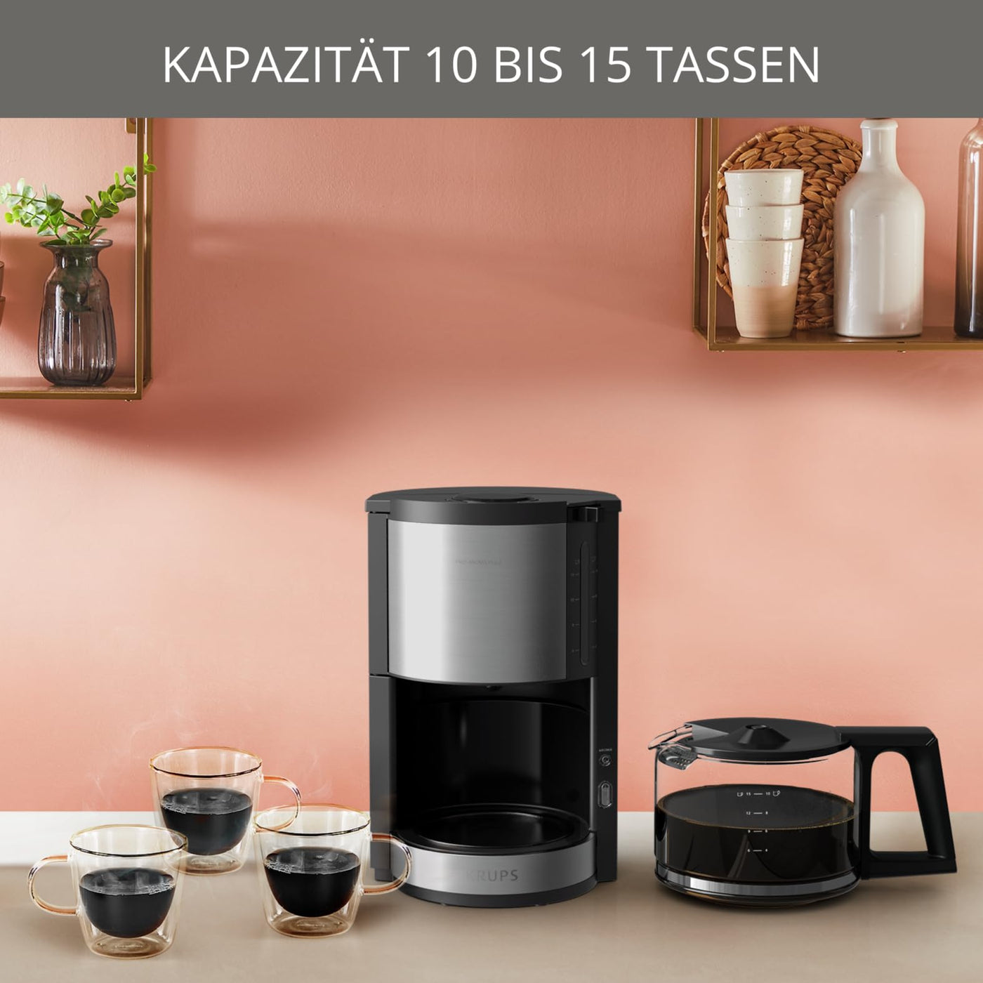 Krups KM3210 Pro Aroma Plus Filterkaffeemaschine | 10 Tassen | 1,25 L | 30-Minuten-Warmhaltefunktion | sichtbares Wasserstands Fenster | Tropfstopp-System | Schwarz mit Edelstahlapplikationen