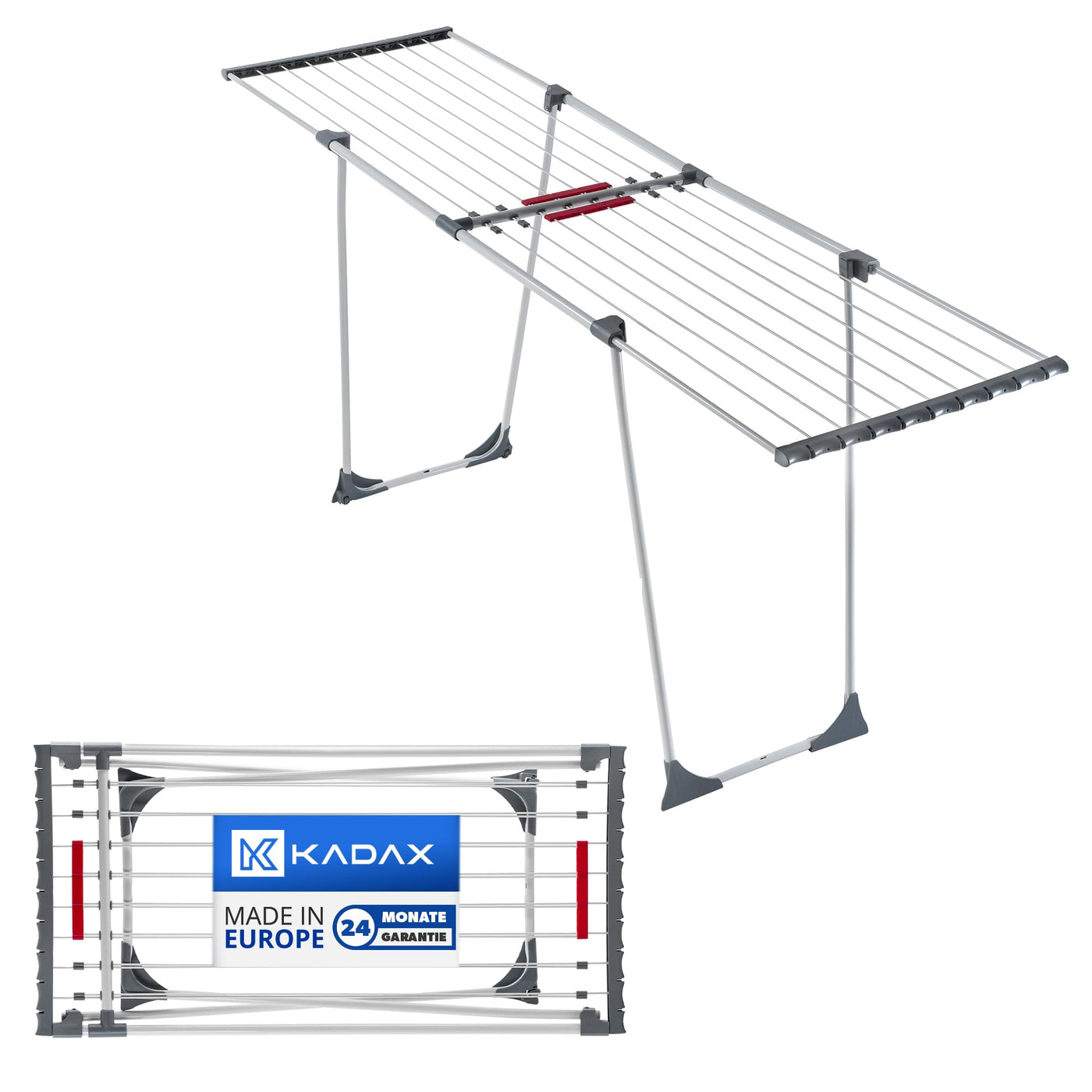 KADAX Teleskop Wäscheständer mit 20m Trockenleinenlänge, ausziehbarer Wäschetrockner für Bettwäsche, großer Flügelwäscheständer aus pulverbeschichteten Stahl (Grau)