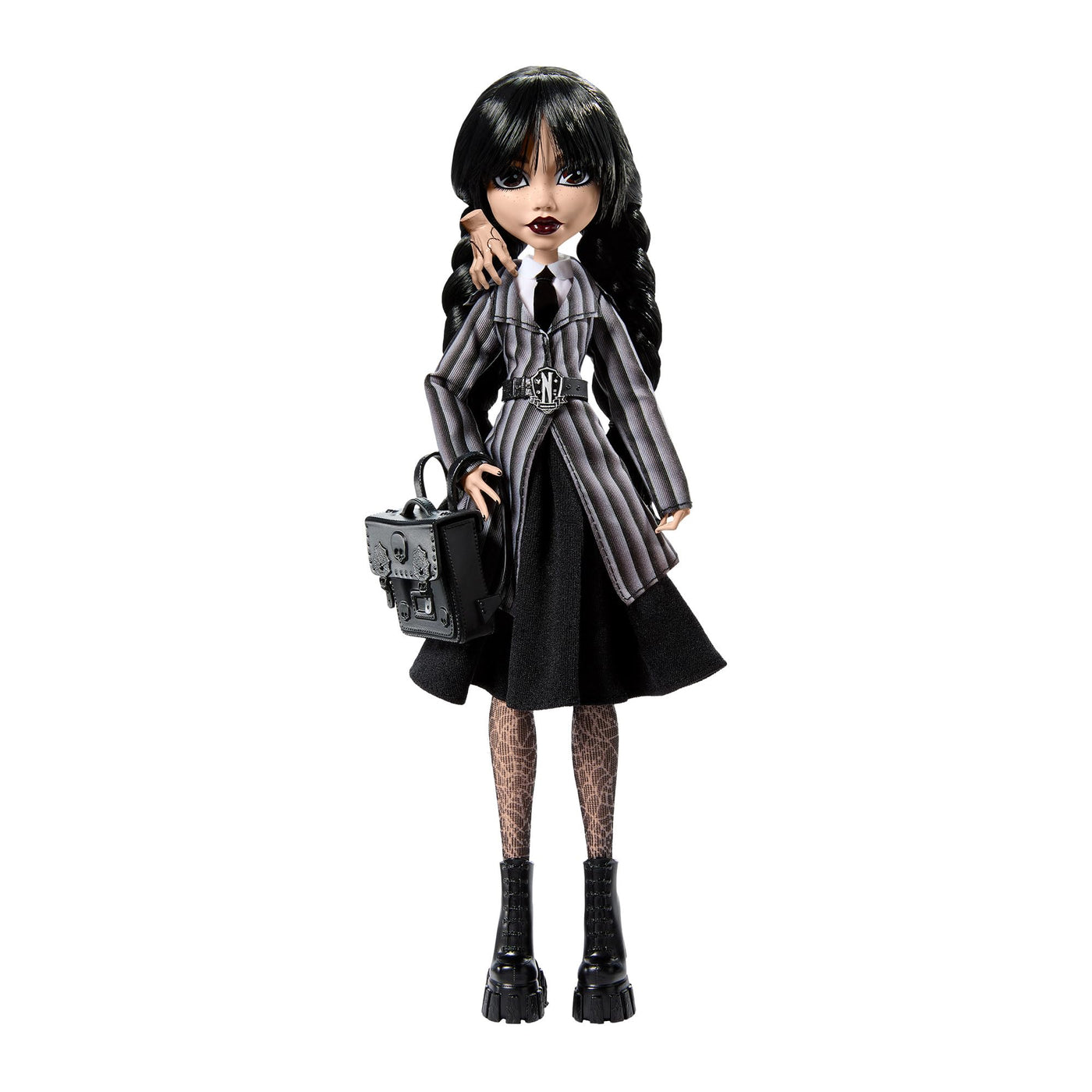 Monster High Wednesday Puppe und Accessoires, Wednesday Addams Sammelfigur in Nevermore Academy Uniform mit Eiskaltem Händchen und Rucksack, Puppenständer, HXJ04