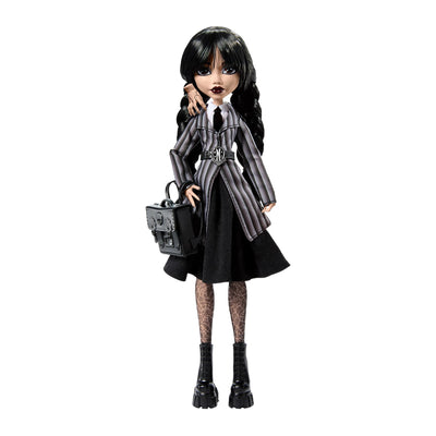Monster High Wednesday Puppe und Accessoires, Wednesday Addams Sammelfigur in Nevermore Academy Uniform mit Eiskaltem Händchen und Rucksack, Puppenständer, HXJ04