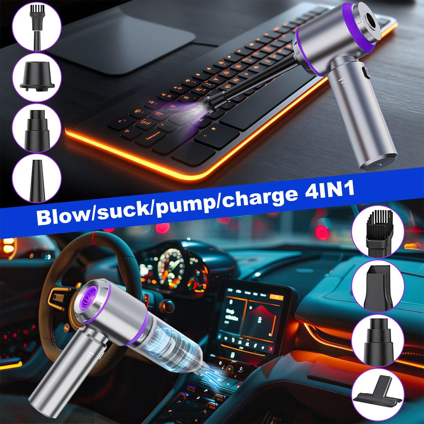 CLZFXS 3-in-1 Handstaubsauger Akku Kabellos - 18000Pa Staubgebläse Druckluft und Auto Staubsauger - Mini Autostaubsauger für Haus Küche Tierhaare (Lila)