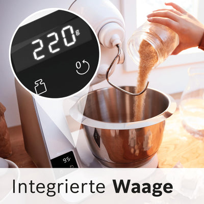 Bosch Küchenmaschine Serie 4 MUM5XW20, Edelstahl-Schüssel 3,9 L, integrierte Waage, Mixer 1,25 L, Profi-Knethaken, Schnee-, Silikonbesen, Durchlaufschnitzler, 4 Scheiben, 1000 W, Weiß/Silber