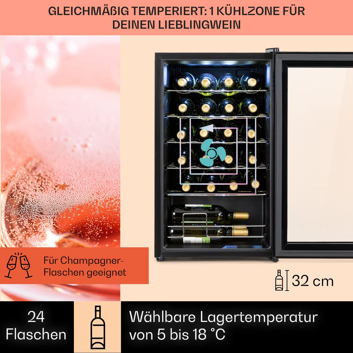 Klarstein Weinkühlschrank, 1 Zonen Getränkekühlschrank Klein, Kleiner Weinschrank 63L, Wein-Kühlschrank Klein mit Glastür, Indoor/Outdoor Flaschenkühlschrank, Wine Fridge 5-18°C, 24 Flaschen
