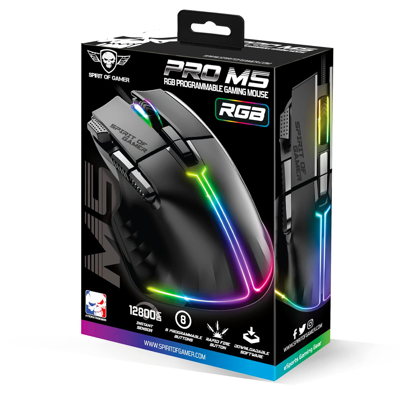SPIRIT OF GAMER | Gaming Maus PC mit 12800 DPI | RGB Maus mit 8 Programmierbaren Tasten darunter 1 Rapid Fire | 13 Hintergrundbeleuchtungseffekte | Ergonomische Gaming Mouse mit Daumenauflage
