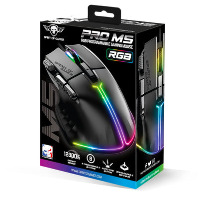 SPIRIT OF GAMER | Gaming Maus PC mit 12800 DPI | RGB Maus mit 8 Programmierbaren Tasten darunter 1 Rapid Fire | 13 Hintergrundbeleuchtungseffekte | Ergonomische Gaming Mouse mit Daumenauflage