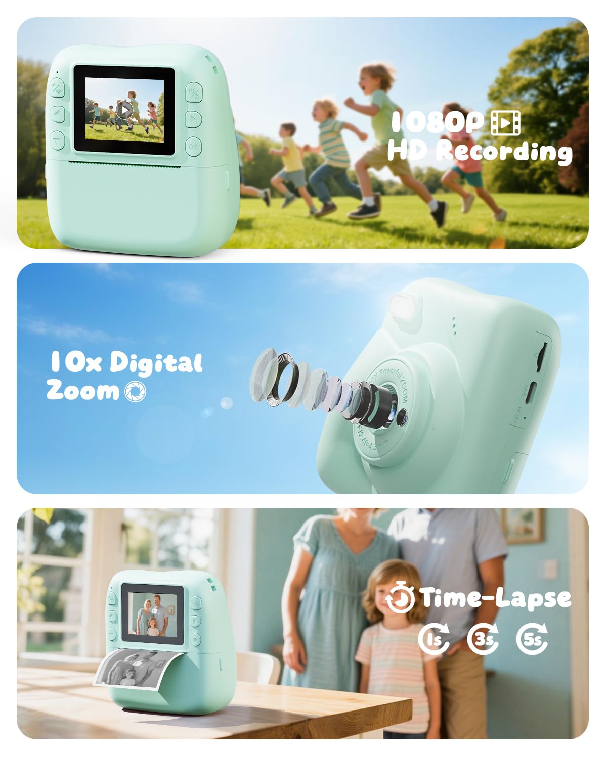 CAMCLID Kinderkamera Sofortbildkamera, 1080P Sofortbildkamera Kinder mit 32GB Karte & 3 Rollen Druckpapier, 48MP Digitalkamera Kinder Kamera, Geschenk für Jungen und Mädchen 3-12 Jahre (Grün)
