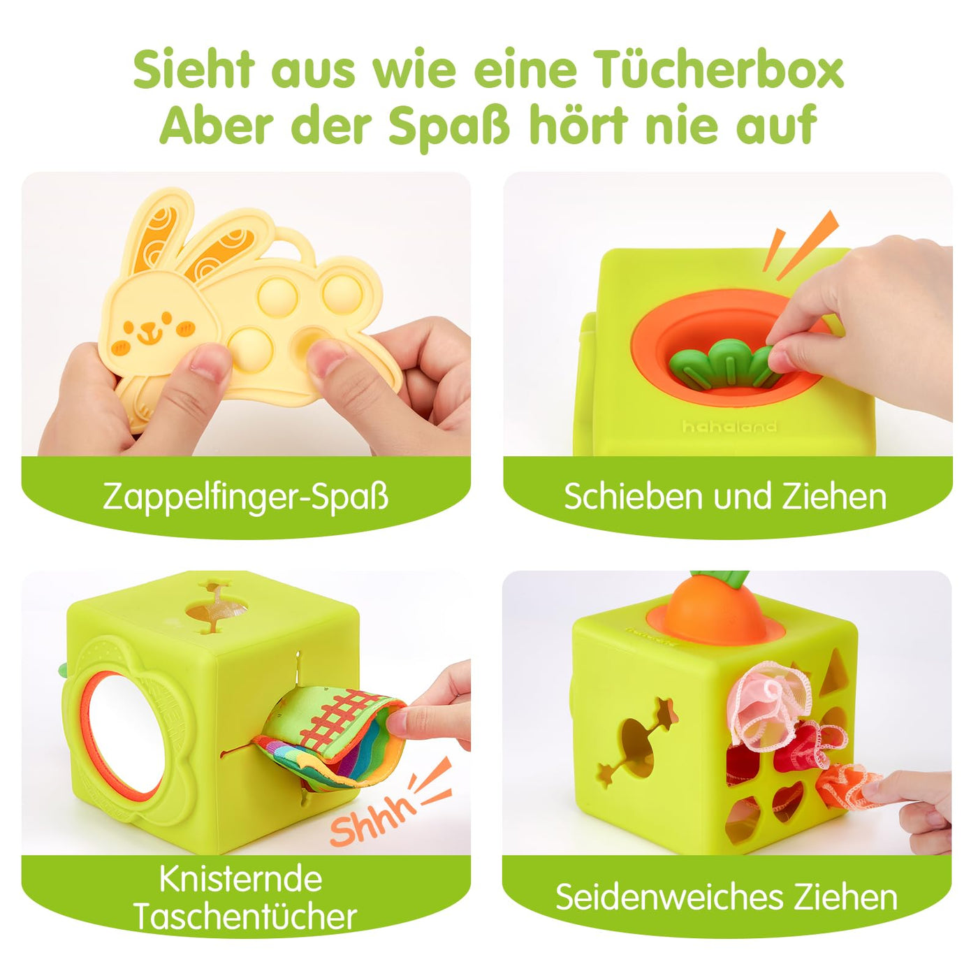 hahaland Baby Spielzeug 6 Monate - Silikon Tücher Box, Montessori Tücherbox Baby Sensorik Spielzeug, 6-in-1 Busy Würfel mit Tüchern, Spiegel, Beißring,Geschenk für Babyspielzeug ab 6 9 12 Monate