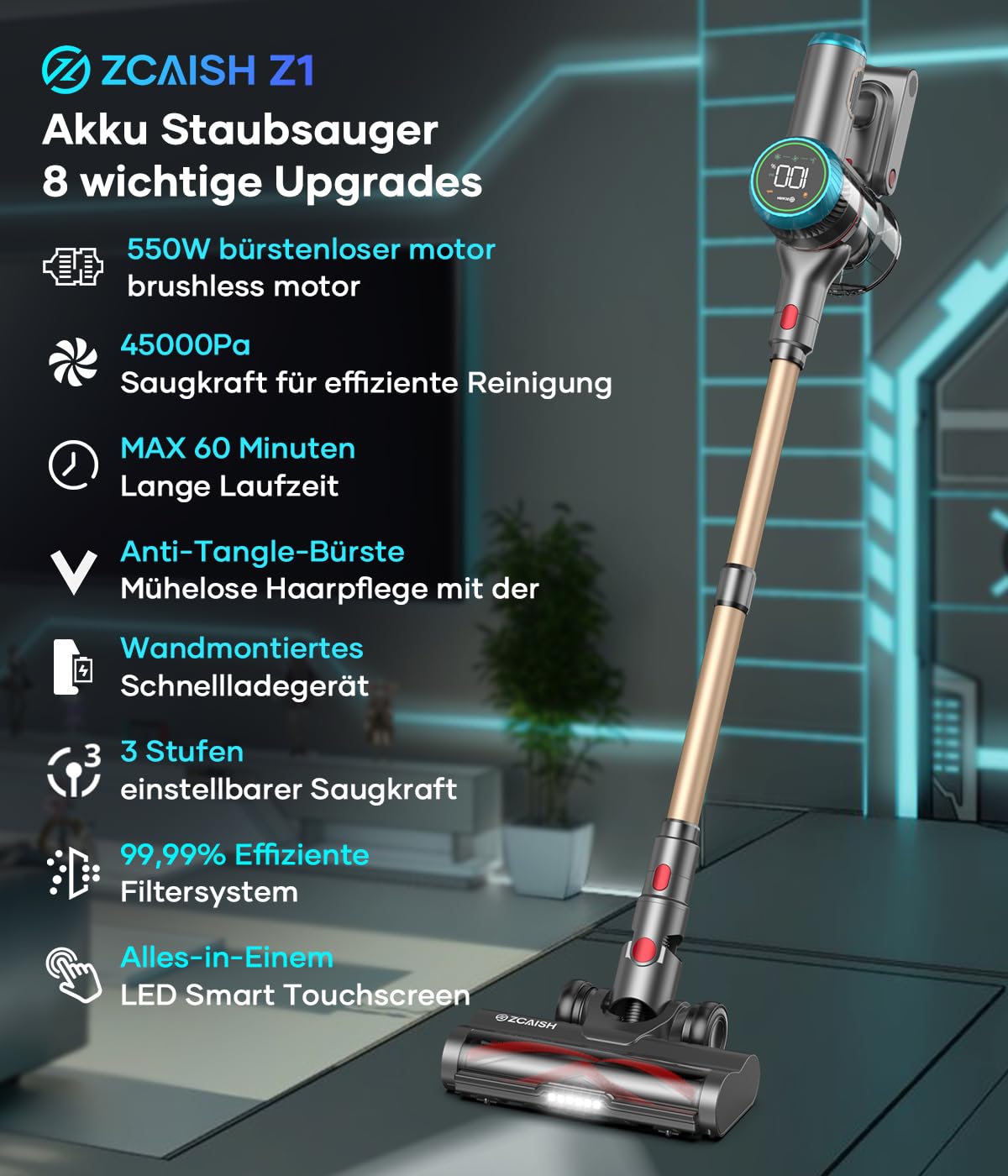 ZCAISH Akku Staubsauger, 45000Pa/550W/60 Mins Staubsauger Kabellos mit Smart Display, Staubsauger mit Wandmontiertes Laden & Anti-Verhedderung-Bürste für Teppich, Hartboden und Tierhaare(Upgrade)