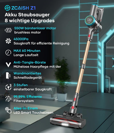 ZCAISH Akku Staubsauger, 45000Pa/550W/60 Mins Staubsauger Kabellos mit Smart Display, Staubsauger mit Wandmontiertes Laden & Anti-Verhedderung-Bürste für Teppich, Hartboden und Tierhaare(Upgrade)