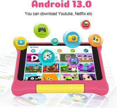 Yicty Kinder Tablet 7 Zoll Android Tablet für Kids 5GB RAM 32GB ROM Kindersicherung IPS HD Bluetooth WiFi Quad Core Dual-Kameras Children's Tablets PC mit Schutzhülle (Rosa)