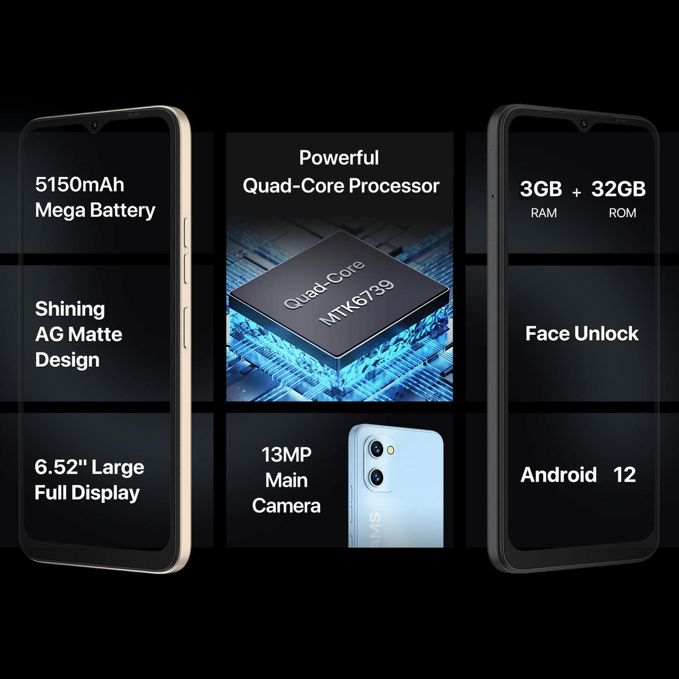 UMIDIGI G1 Smartphone Ohne Vertrag,Android12 Günstig Handy,6,52" HD+ Vollbild 32GB (Erweitern 256 GB),5150mAh Akku,Dual SIM 4G LTE Mobiltelefonen,13MP+5MP Handy zum Senioren Kinder Geschäft (Balu)