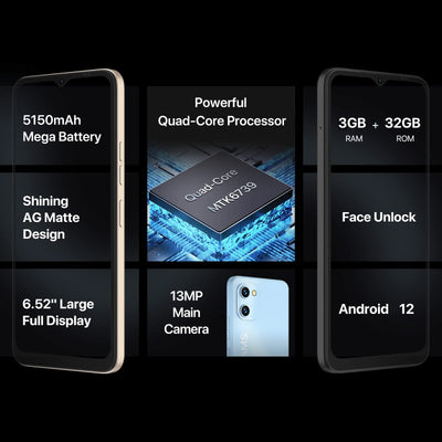 UMIDIGI G1 Smartphone Ohne Vertrag,Android12 Günstig Handy,6,52" HD+ Vollbild 32GB (Erweitern 256 GB),5150mAh Akku,Dual SIM 4G LTE Mobiltelefonen,13MP+5MP Handy zum Senioren Kinder Geschäft (Balu)