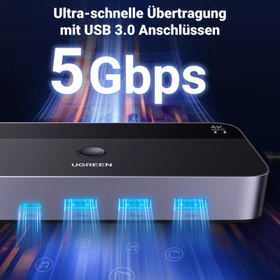 UGREEN HDMI 2.0 KVM Switch 4K@60Hz USB 3.0 Switch 4 USB Ports (3*USB 3.0+ USB C) Sharing 1 Monitor und Tastatur, Maus, Drucker, U disk für 2 PC mit 2 USB Kabeln und 2 HDMI Kabeln.