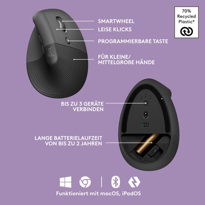 Logitech Wave Keys und Lift vertikale Maus – Ergonomisches Bundle – kabellose Tastatur mit gepolsterter Handballenauflage und vertikale kabellose Maus – Bluetooth, Multi-OS, Windows/Mac - Graphit