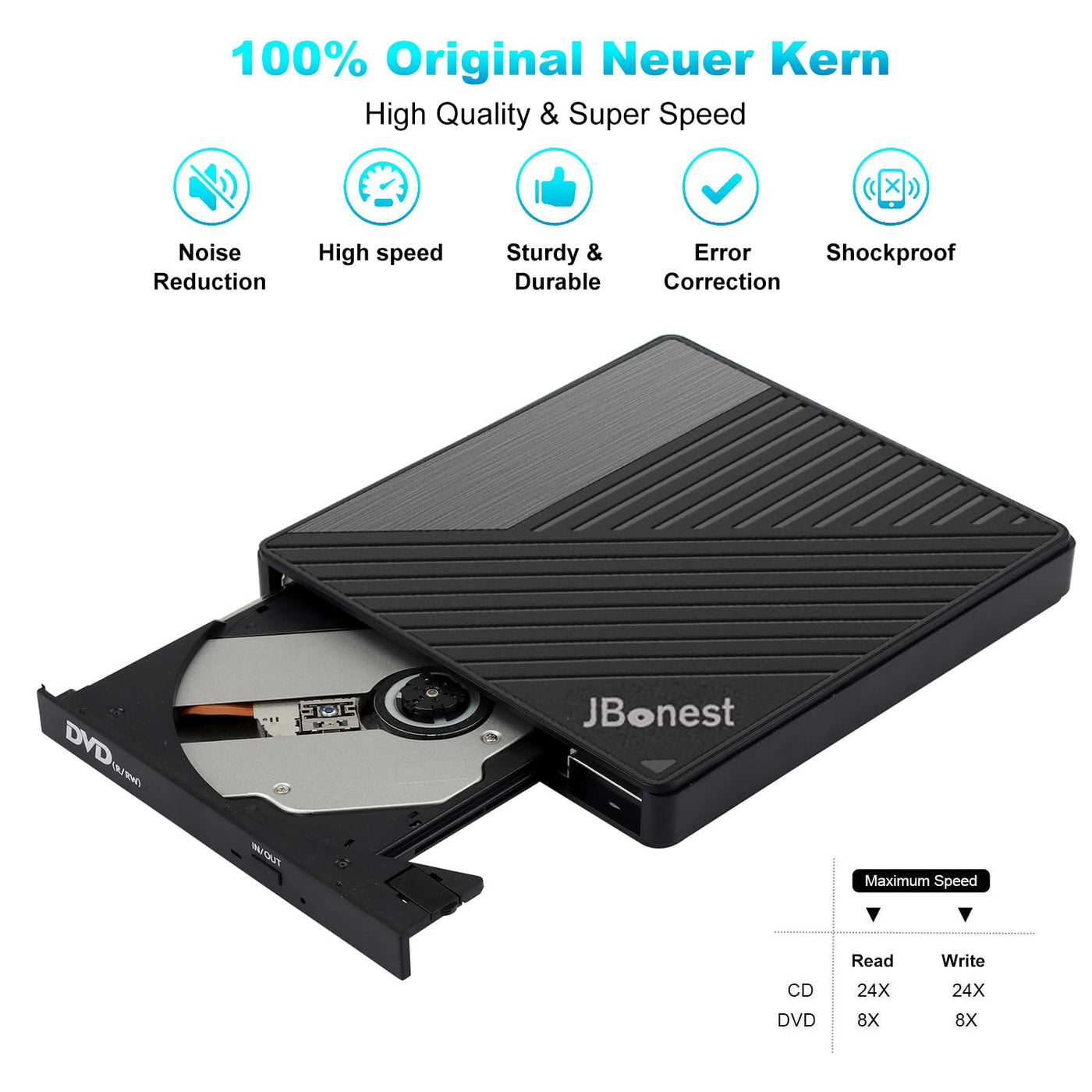 JBonest Externes CD DVD Laufwerk USB 3.0 Typ-C, Extern mit SD/TF-Kartenleser Portable DVD RW Brenner,Schnelle Datenübertragung für Laptop,Desktop,MacBook,Win11/10/8/7/XP, Linux,Mac OS,Vista