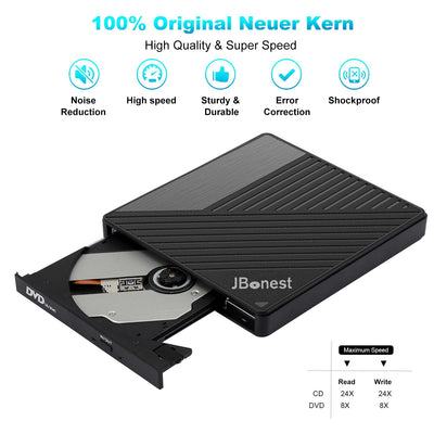 JBonest Externes CD DVD Laufwerk USB 3.0 Typ-C, Extern mit SD/TF-Kartenleser Portable DVD RW Brenner,Schnelle Datenübertragung für Laptop,Desktop,MacBook,Win11/10/8/7/XP, Linux,Mac OS,Vista