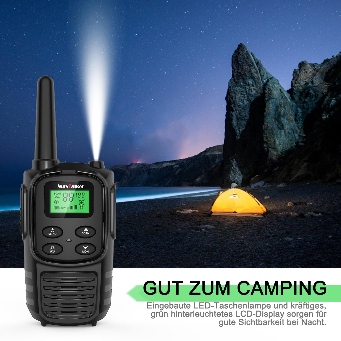 MaxTalker MT10 Walkie Talkie Aufladbar für Erwachsene Kinder Funkgeräte, 1200mAh Li-Ion Batterie, USB-C Kabel, LED Taschenlampe, VOX Funkgeräte für Wandern und Camping,4er Set